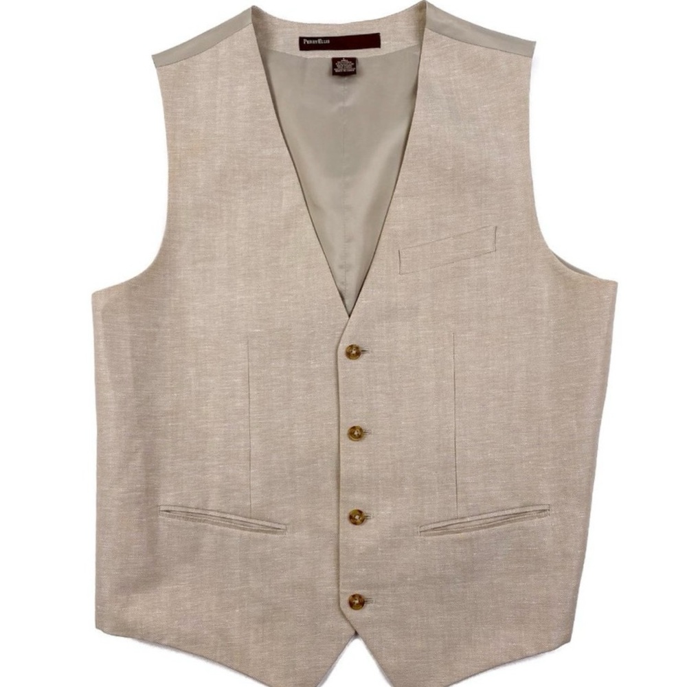 Perry Ellis Suit Vest Beige Linen-Cotton Blend Mens Size Medium